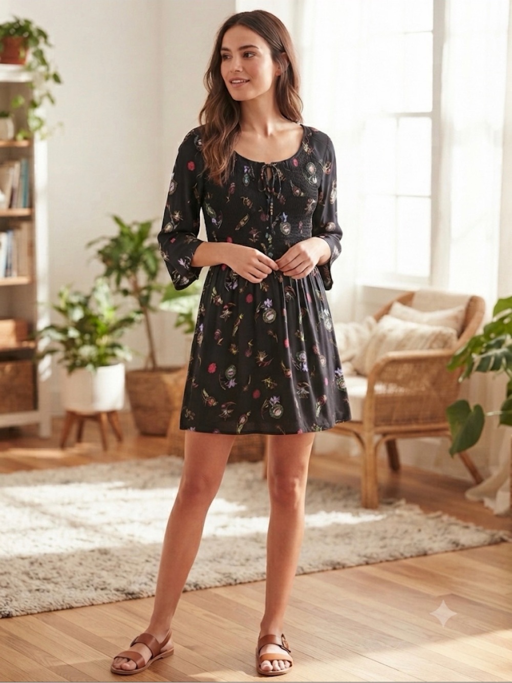Old Navy Black Floral Maxi Dress with Tie Neck